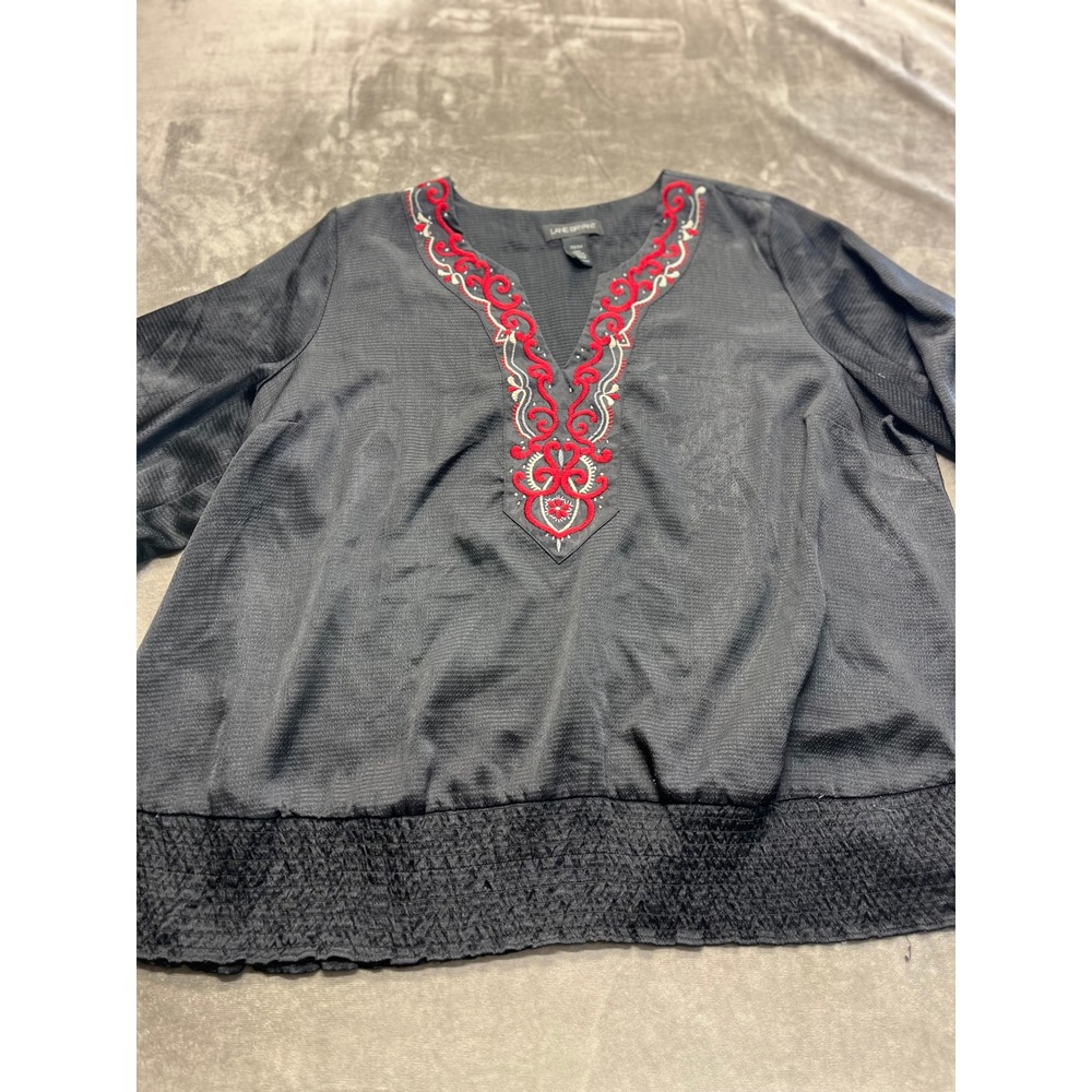 Lane Bryant Black Embroidered V-Neck Blouse Smocked Hem Plus Size 22/24 Boho